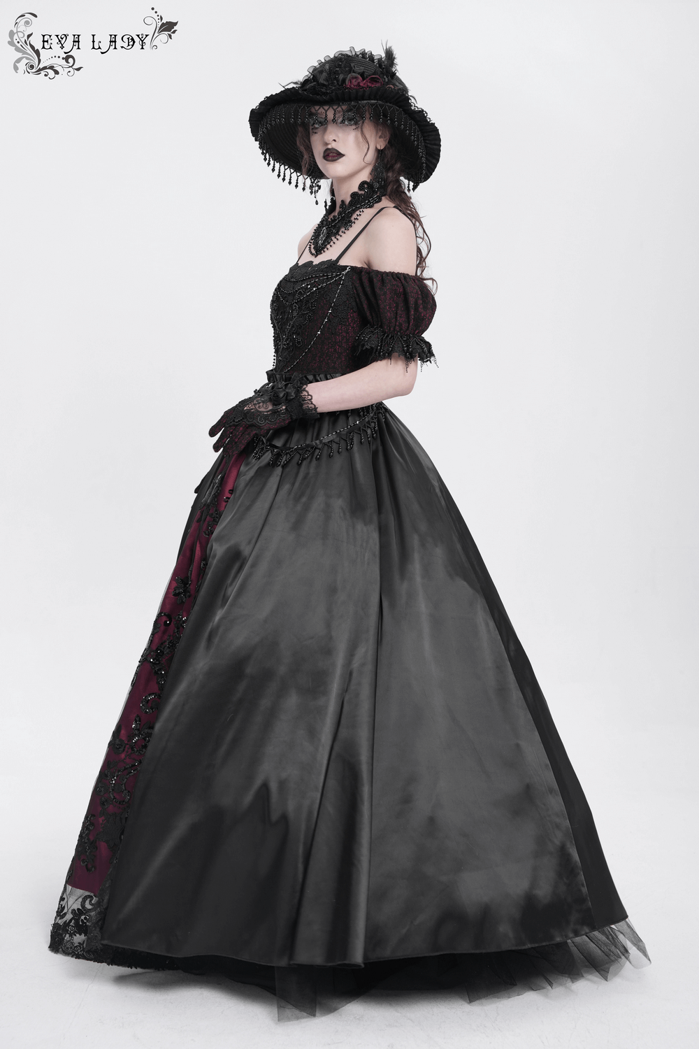 Victorian lace-up dress with ruffles, black and burgundy, perfect for gothic events, featuring beaded details and dramatic flair.