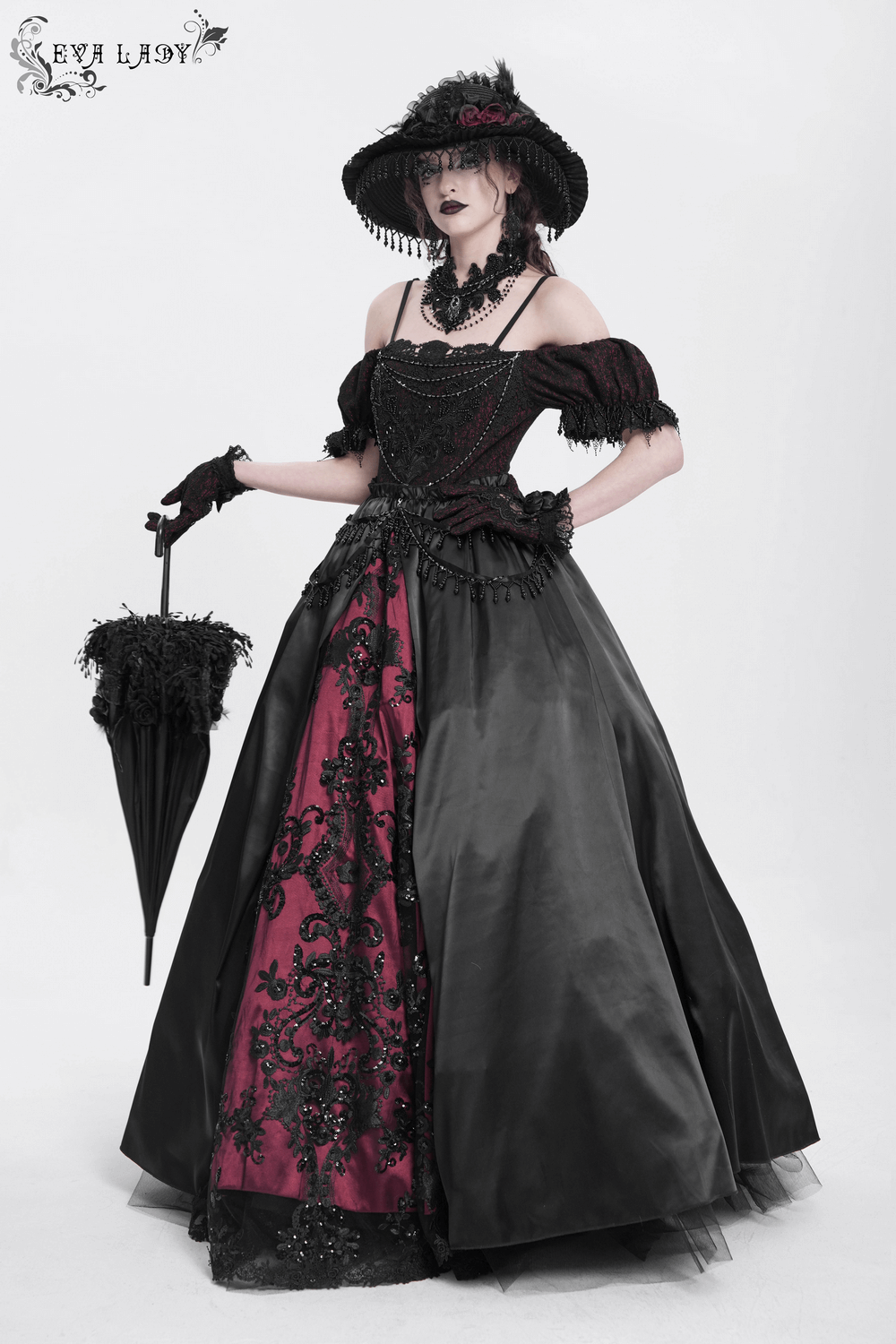 Victorian lace-up dress featuring black and burgundy fabric, beaded details, ruffles, and a matching parasol.