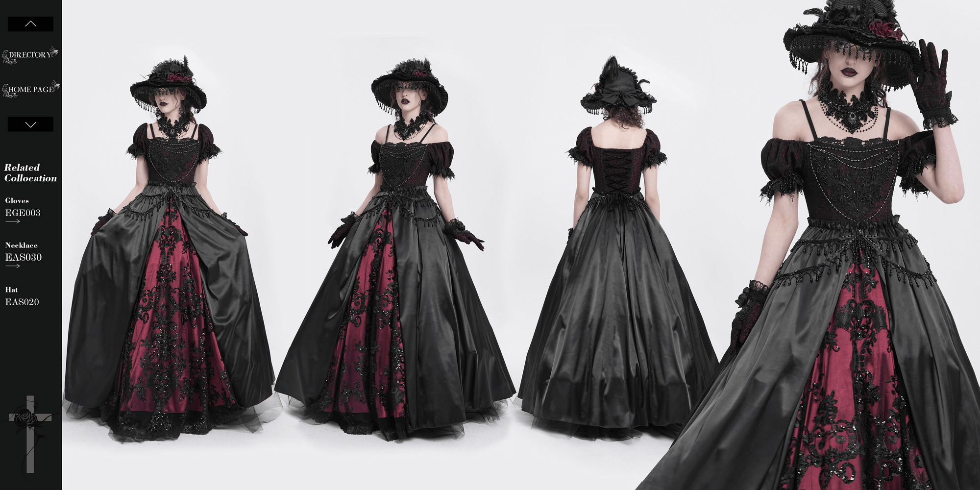 Elegant Victorian lace-up dress in black and burgundy with ruffles and beaded details, perfect for gothic occasions.