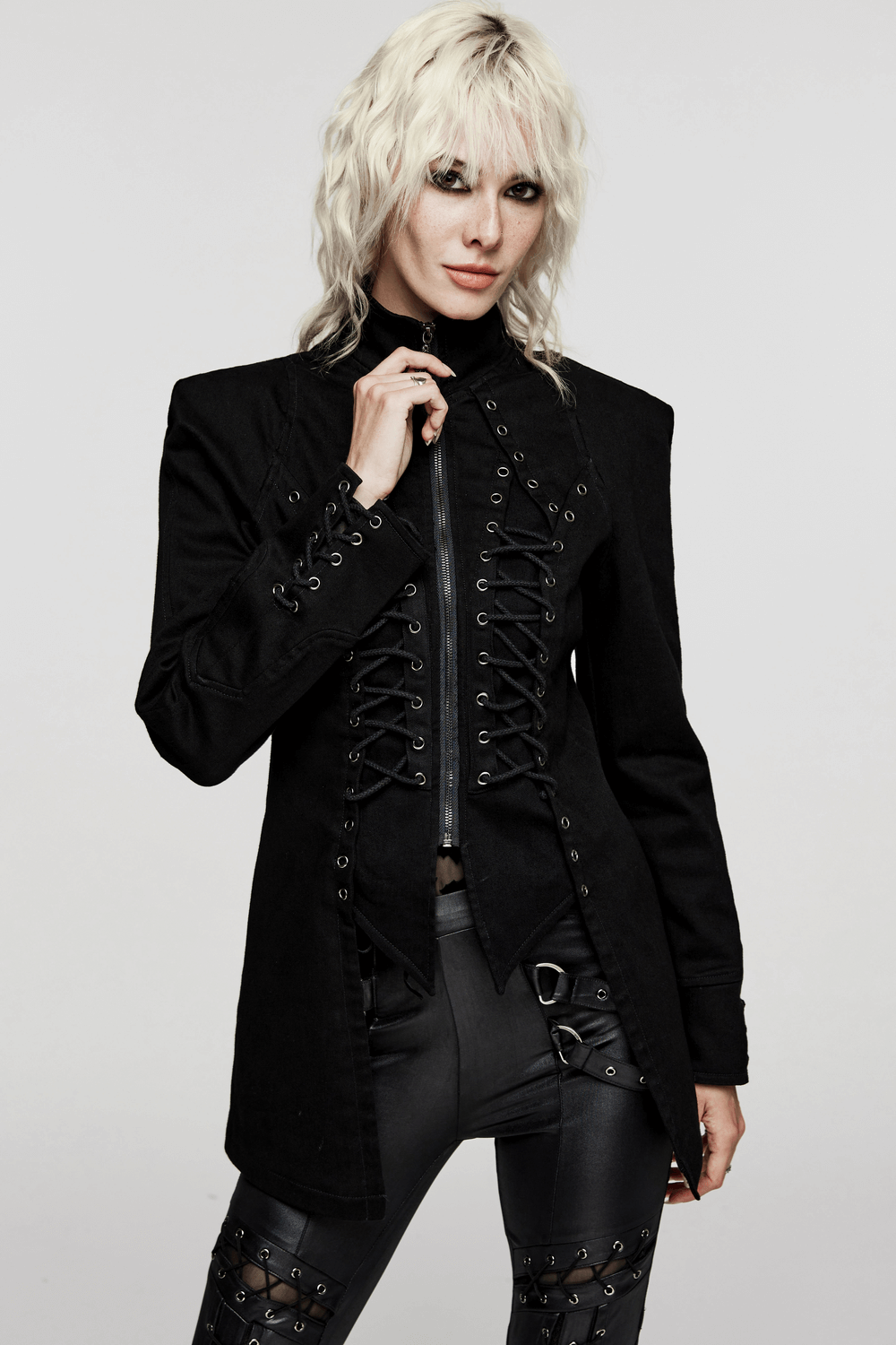 Victorian lace-up gothic jacket in black denim, showcasing chic punk style and lace detail for an edgy look.