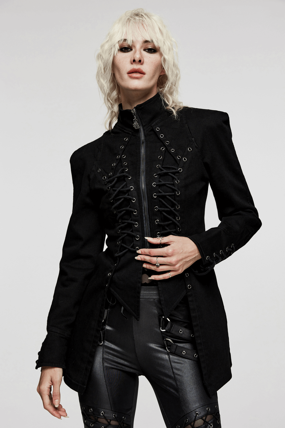 Victorian lace-up gothic jacket in black denim with eyelet drawstrings and chic punk style.