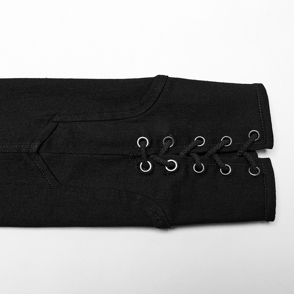 Close-up of the lace-up cuff on a Victorian lace-up gothic jacket in slim black denim, featuring eyelet drawstrings.