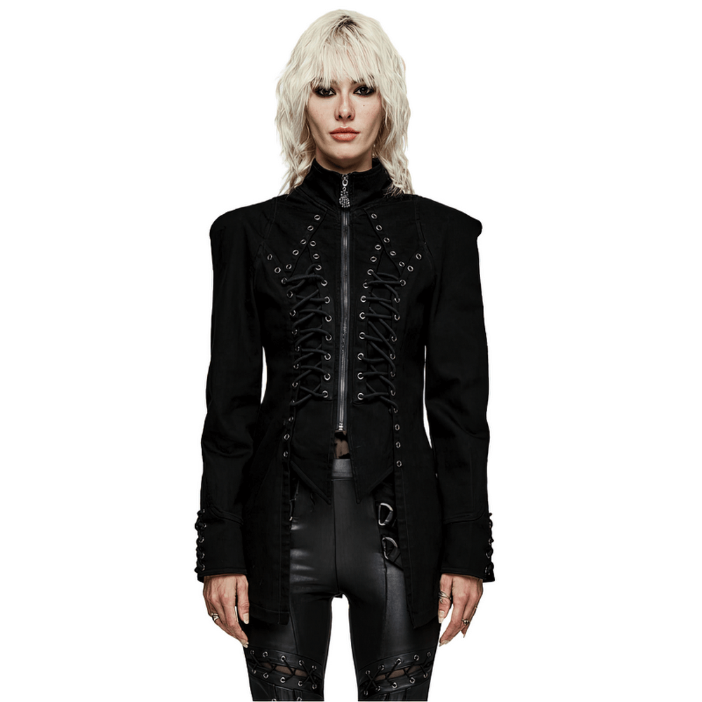 Victorian lace-up gothic jacket in slim black denim, featuring eyelet details and edgy design for a chic punk look.