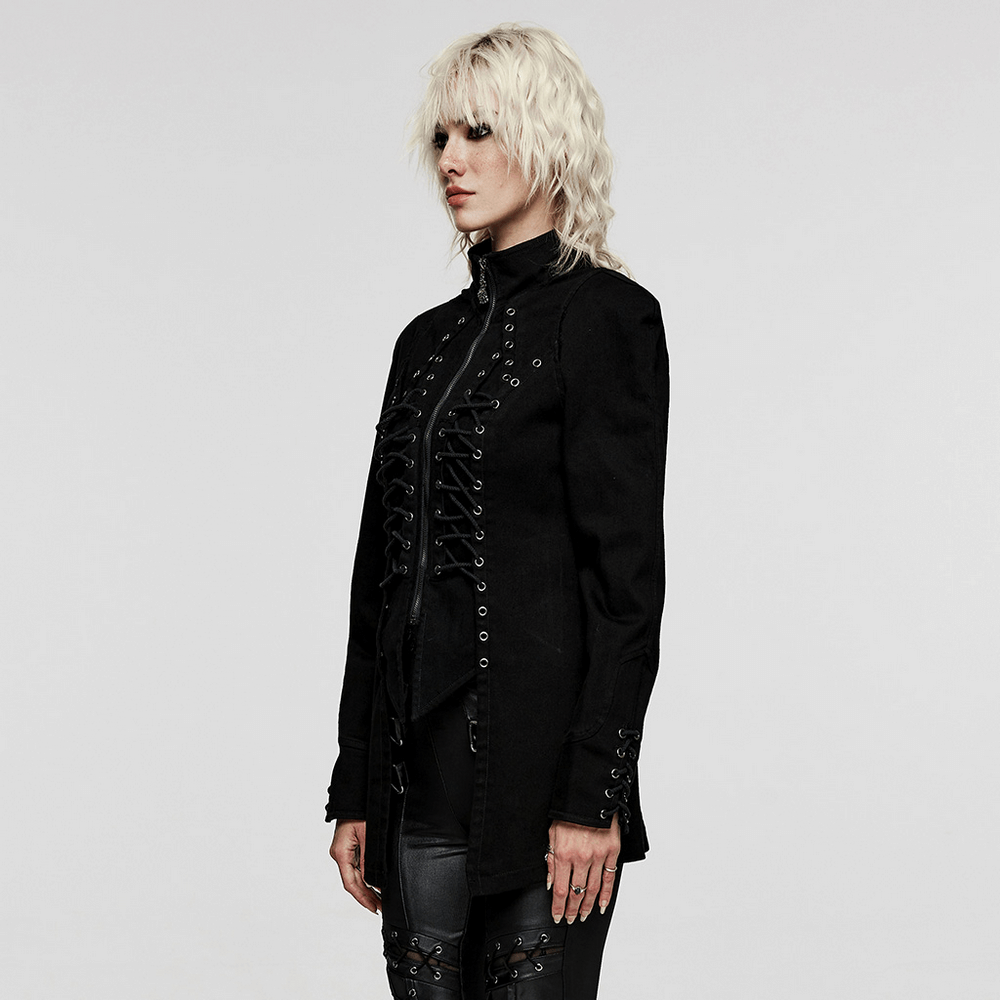 Victorian lace-up gothic jacket in slim black denim, featuring intricate lace details and edgy design for a chic punk look.