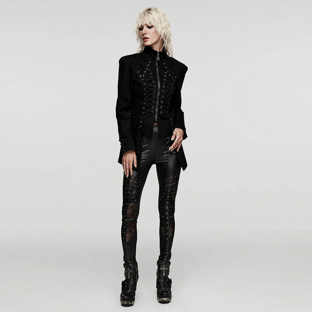 Victorian lace-up gothic jacket in black denim, paired with leather pants, exuding edgy punk style.