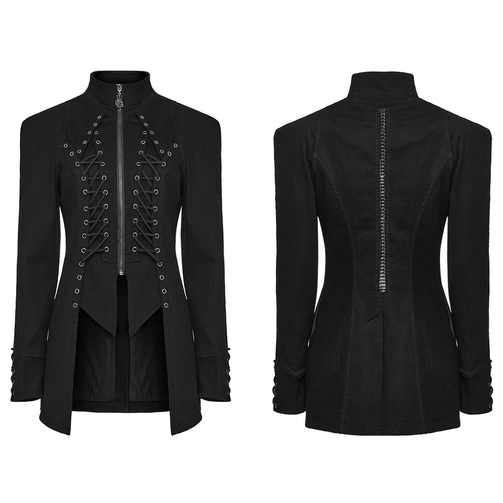 Victorian lace-up gothic jacket in black denim, featuring eyelet drawstrings and unique leg-of-mutton sleeves.