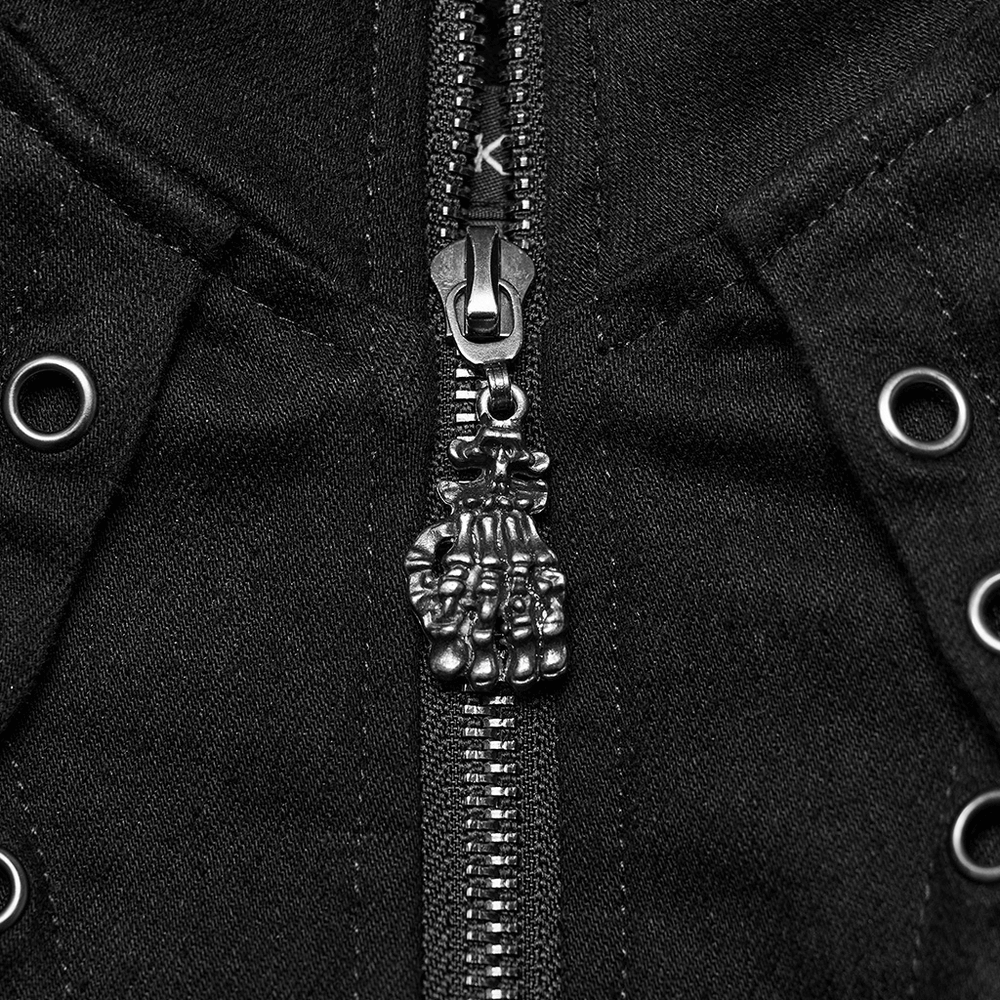 Close-up of the zipper detail on a Victorian lace-up gothic jacket, featuring an edgy charm and eyelet design.