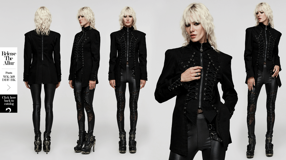 Chic Victorian lace-up gothic jacket in black denim, featuring lace details and striking eyelet drawstrings, styled with edgy fashion.