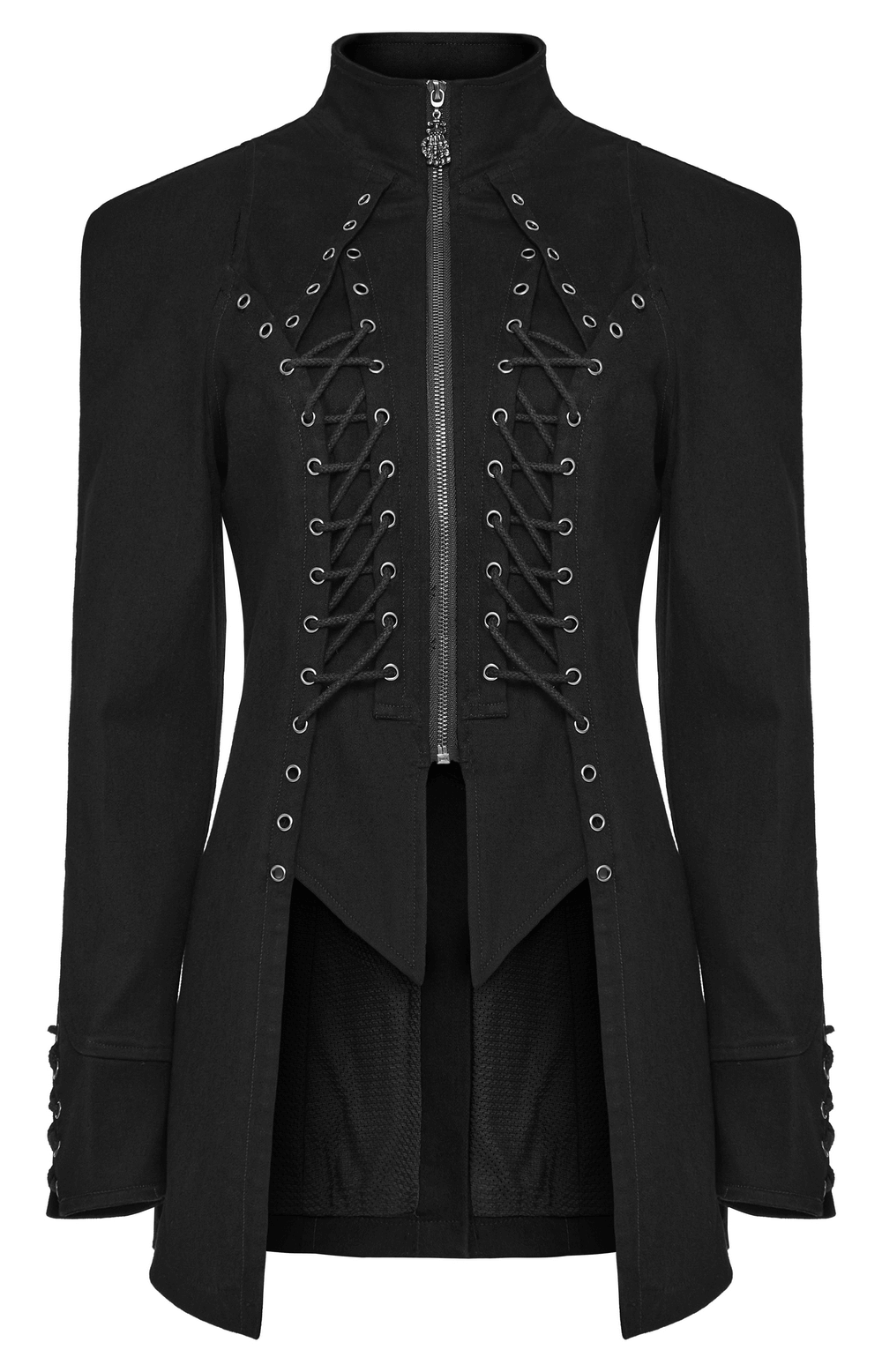 Victorian lace-up gothic jacket in slim black denim with eyelet drawstrings and elegant leg-of-mutton sleeves.
