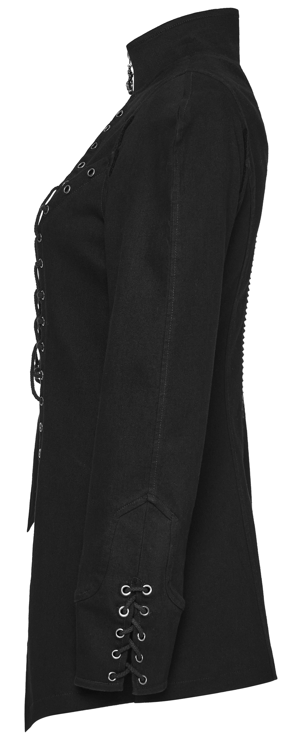 Victorian lace-up gothic jacket in slim black denim, featuring eyelet drawstrings and leg-of-mutton sleeves for edgy elegance.