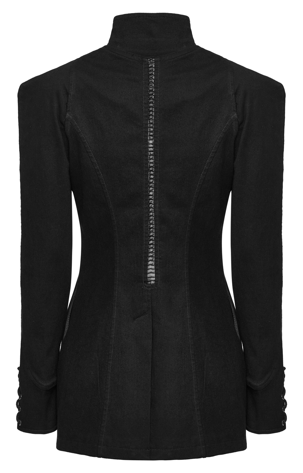 Back view of a Victorian lace-up gothic jacket in slim black denim with eyelet details and elegant silhouette.