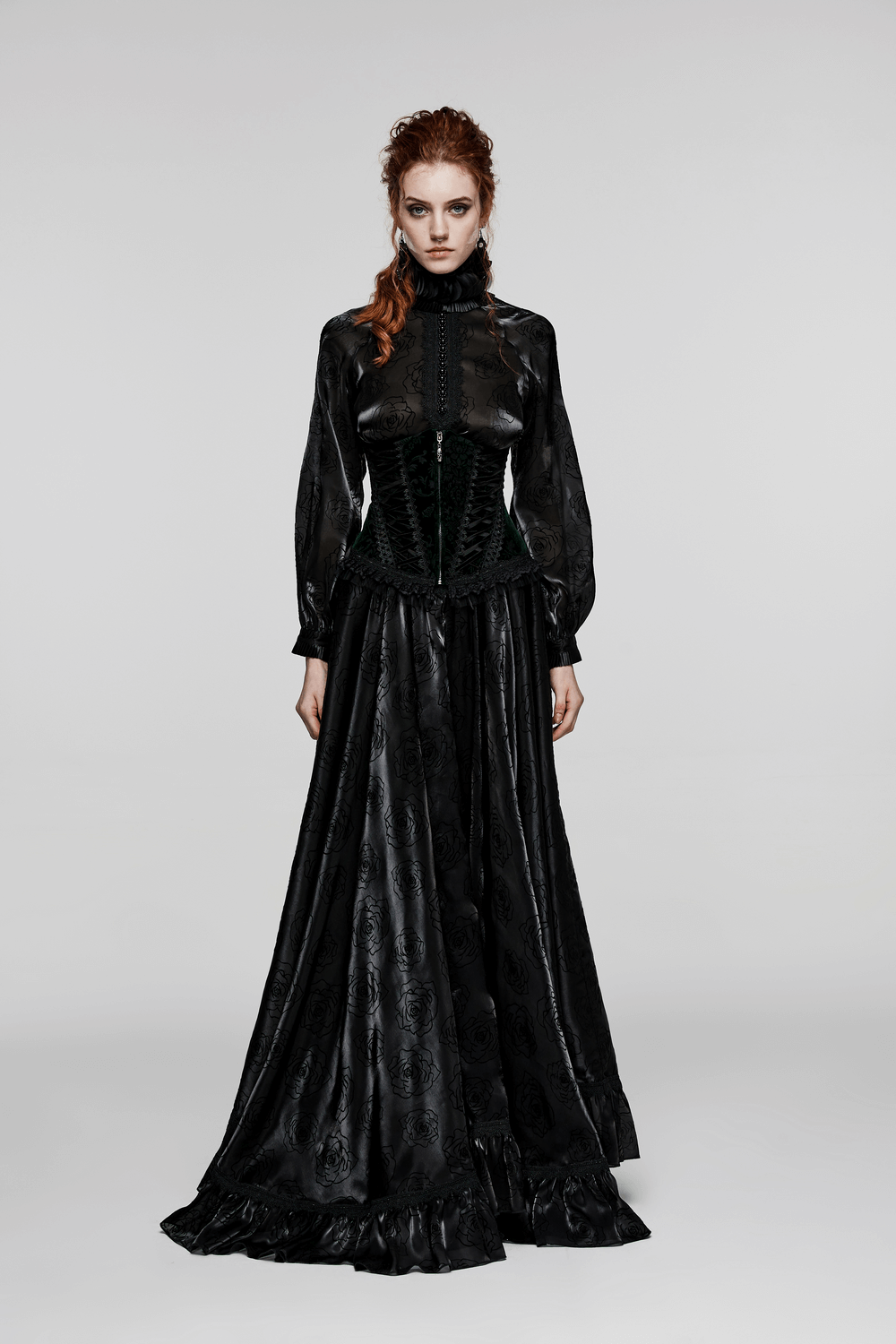 Elegant woman in a gothic black corset and long skirt, showcasing vintage Victorian lace-up style.