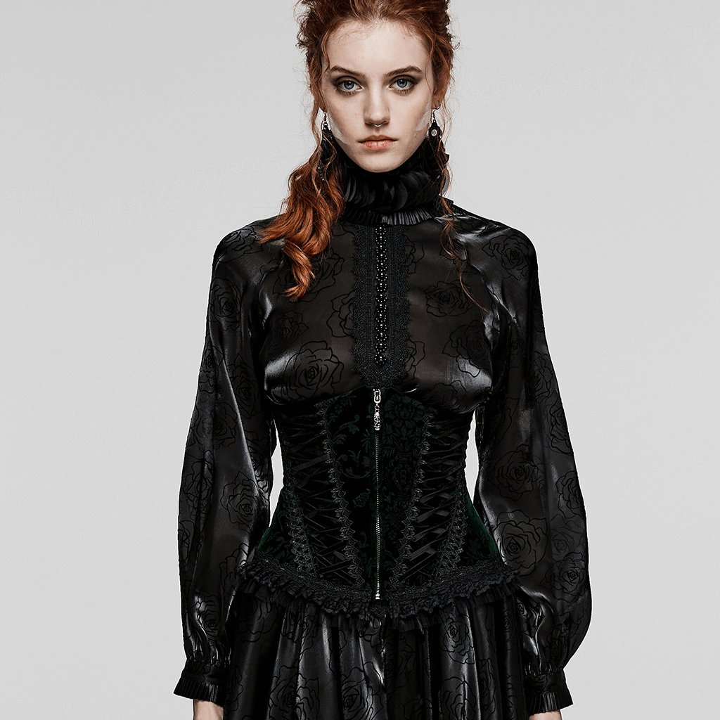 Vintage inspired women's Gothic corset in black velveteen with lace detailing and front zipper.