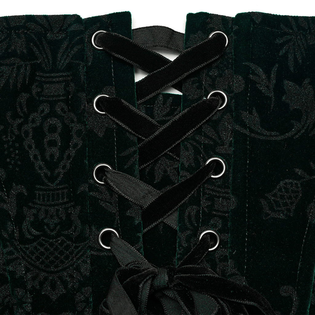 Close-up of intricate lace-up detail on a Victorian velveteen Gothic corset for women.
