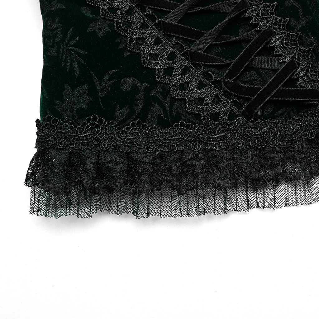 Close-up of a Victorian lace-up velveteen gothic corset showcasing exquisite lace trim and intricate drawstrings.