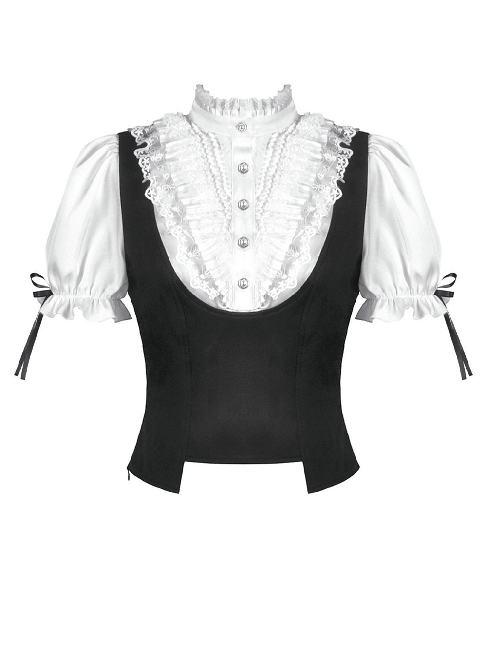 Victorian Lolita Blouse with Black Vest and Lace Ruffles featuring puff sleeves and ruffled lace bib.