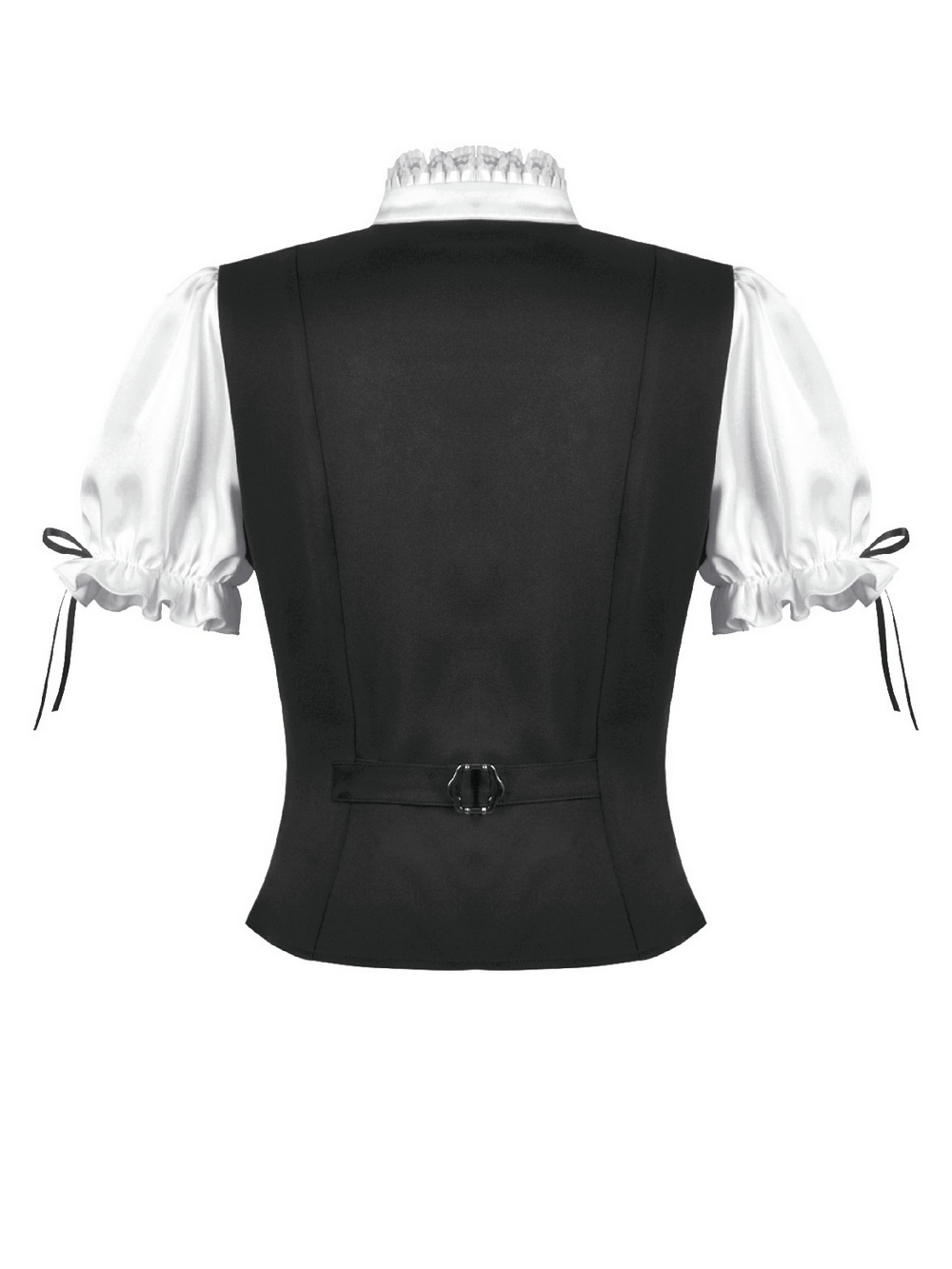 Victorian Lolita Blouse with Black Vest and Lace Ruffles featuring puff sleeves and back buckle strap.