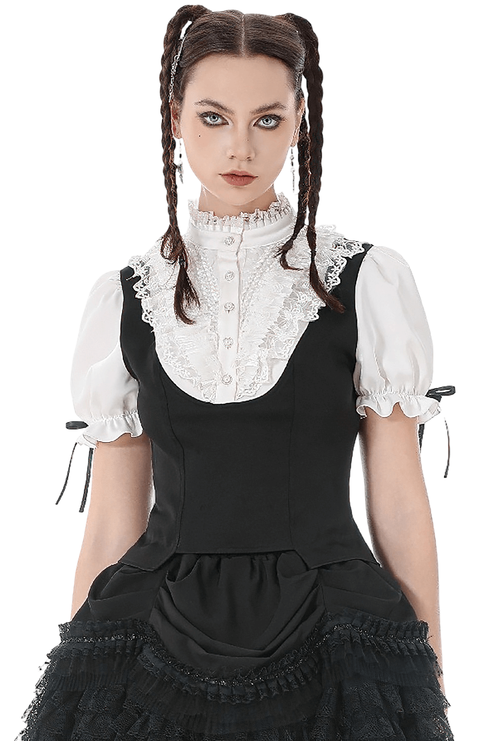 Victorian Lolita Blouse with Black Vest and Lace Ruffles modeled by a woman with puff sleeves and a ruffled collar.