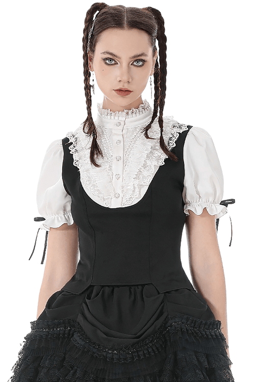 Victorian Lolita Blouse with Black Vest and Lace Ruffles