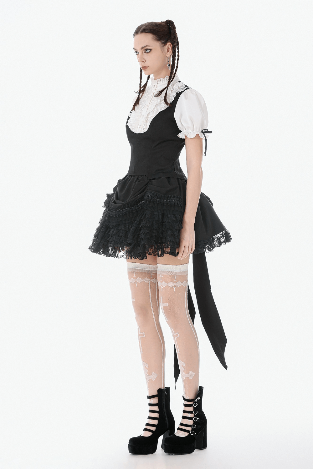 Victorian Lolita Blouse with Black Vest and Lace Ruffles worn by model, showcasing its gothic elegance and ruffled design.