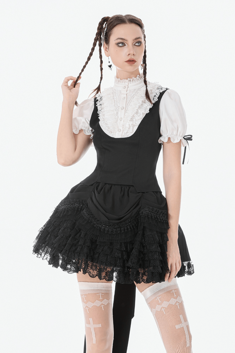Victorian Lolita Blouse with Black Vest and Lace Ruffles in gothic style with puff sleeves and ruffled details.