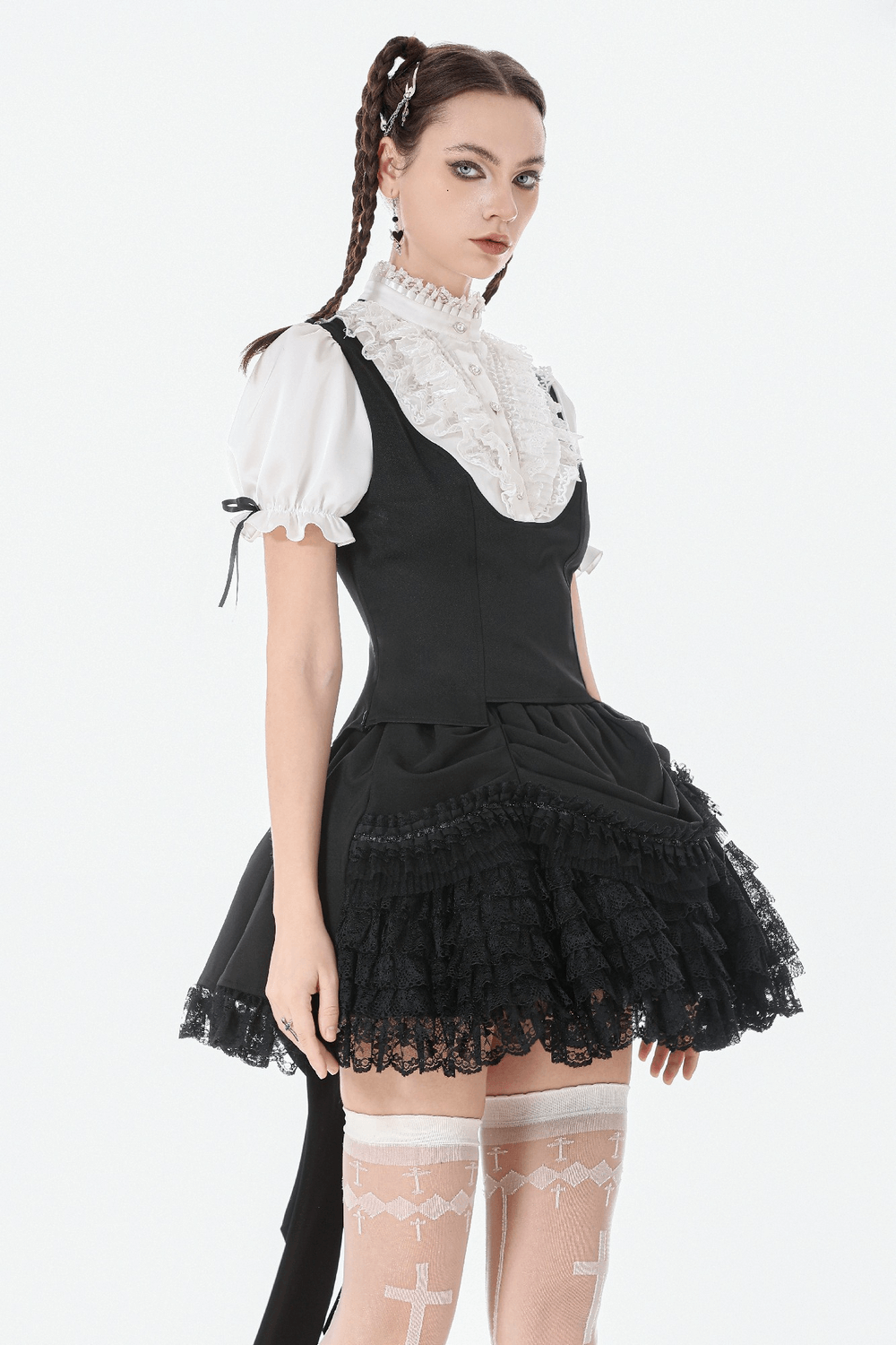 Victorian Lolita Blouse with Black Vest and Lace Ruffles worn by a model, showcasing gothic puff sleeves and lace details.