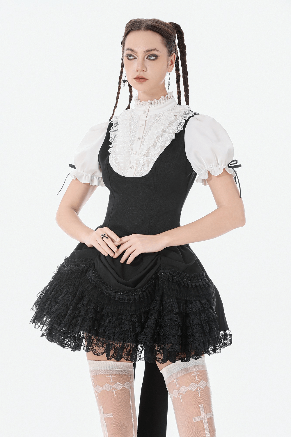 Victorian Lolita Blouse with Black Vest and Lace Ruffles worn by model, showcasing gothic style with puff sleeves and lace details.