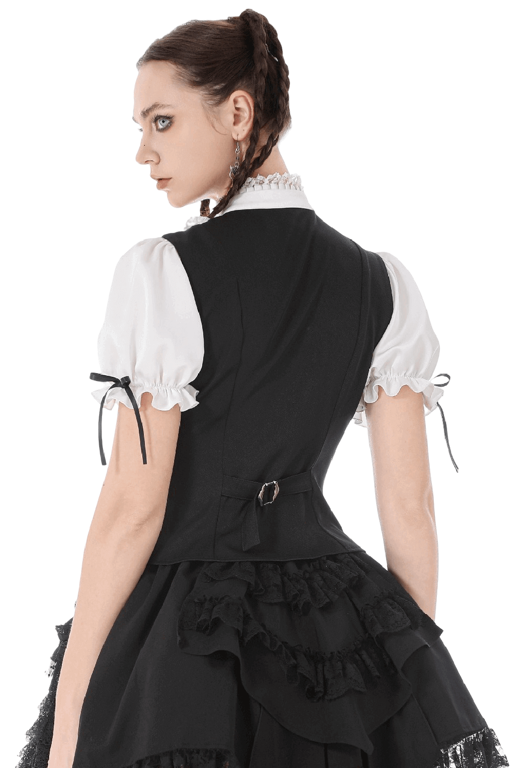 Victorian Lolita Blouse with Black Vest and Lace Ruffles back view showcasing lace and puff sleeve details.