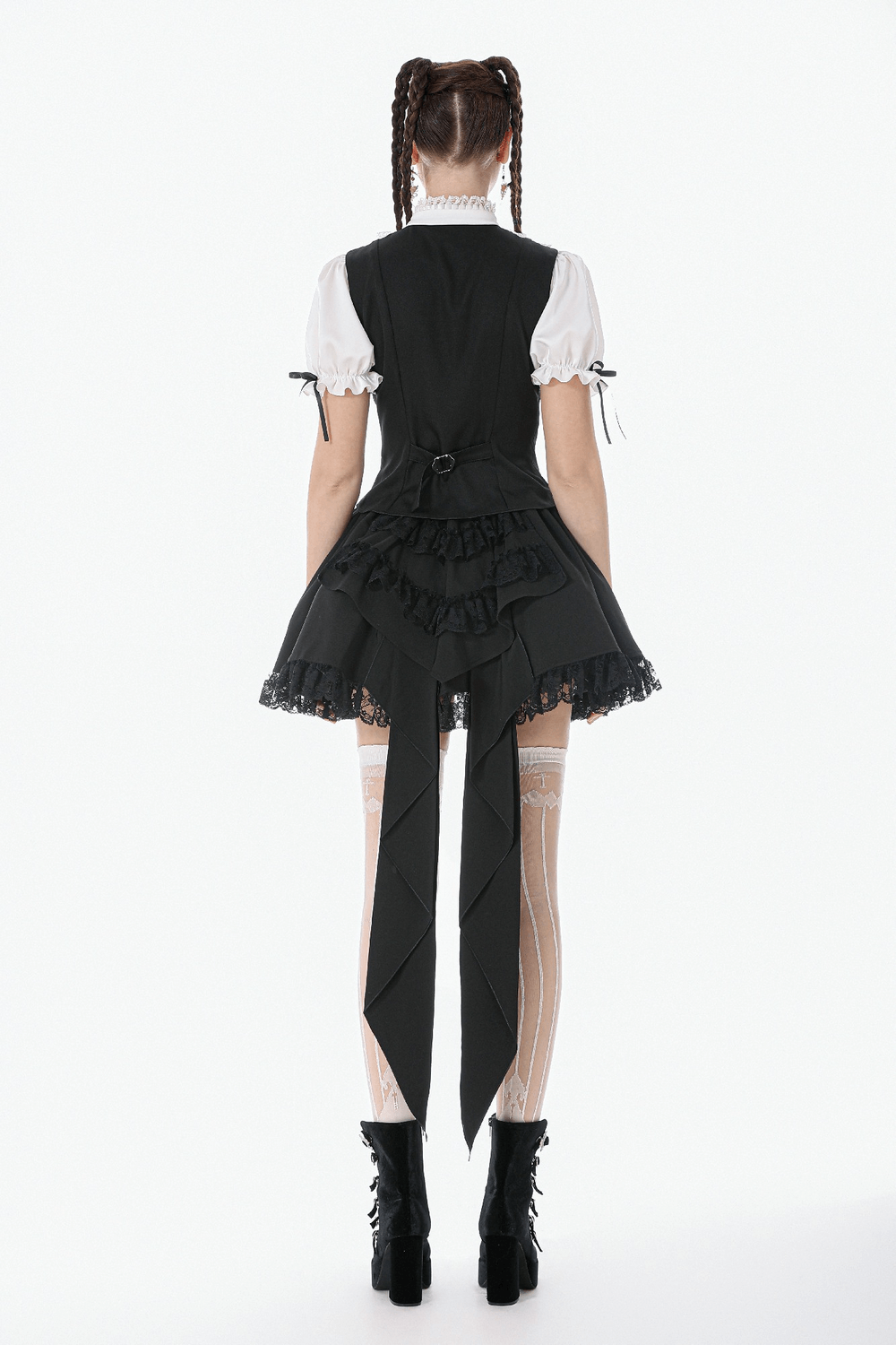 Victorian Lolita Blouse with Black Vest and Lace Ruffles back view showcasing puff sleeves and lace trim.