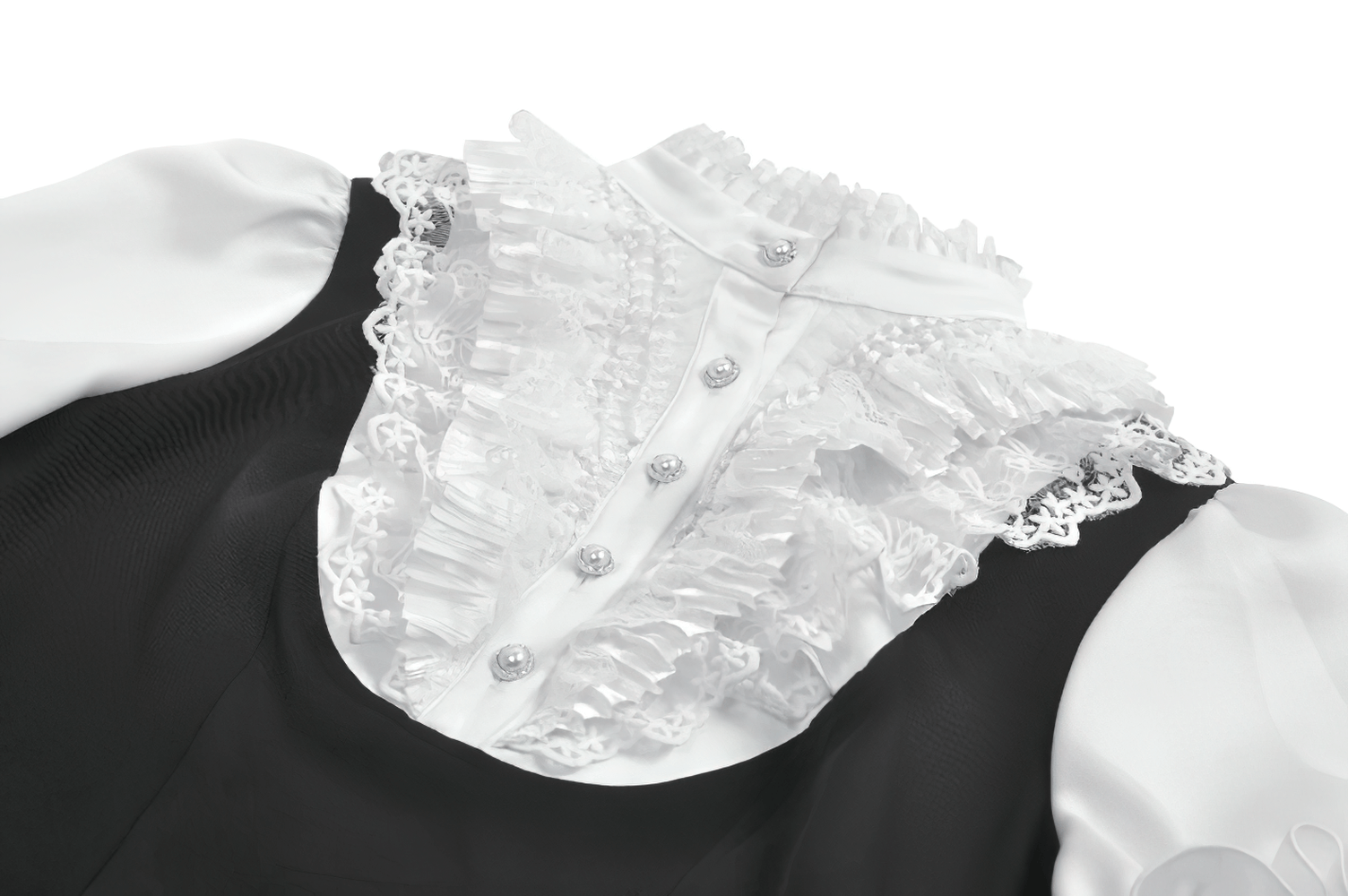 Victorian Lolita Blouse with Black Vest and Lace Ruffles showcasing lace ruffle collar and button details.