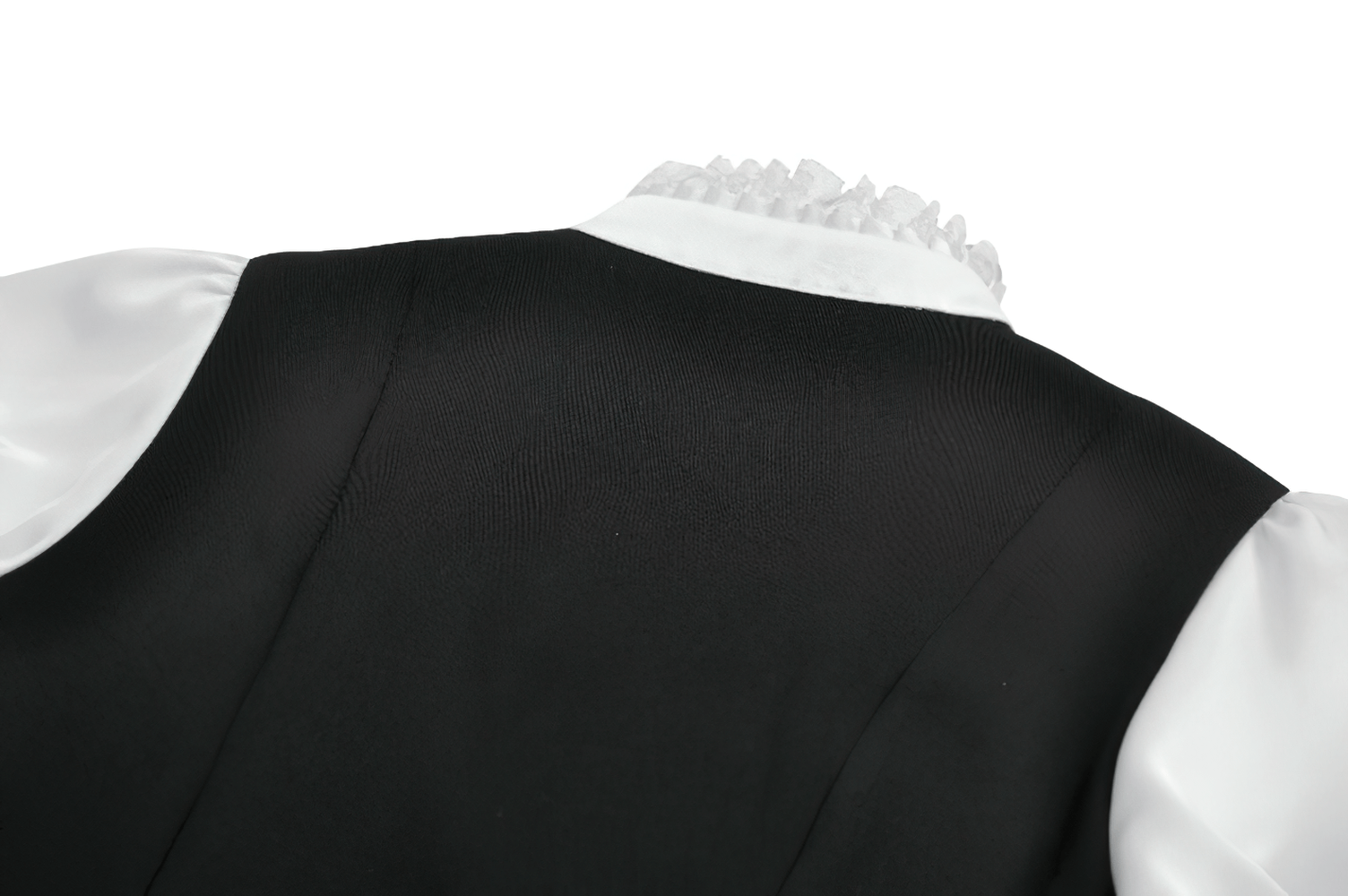 Victorian Lolita Blouse with Black Vest and Lace Ruffles back view showing fitted vest and puff sleeves.