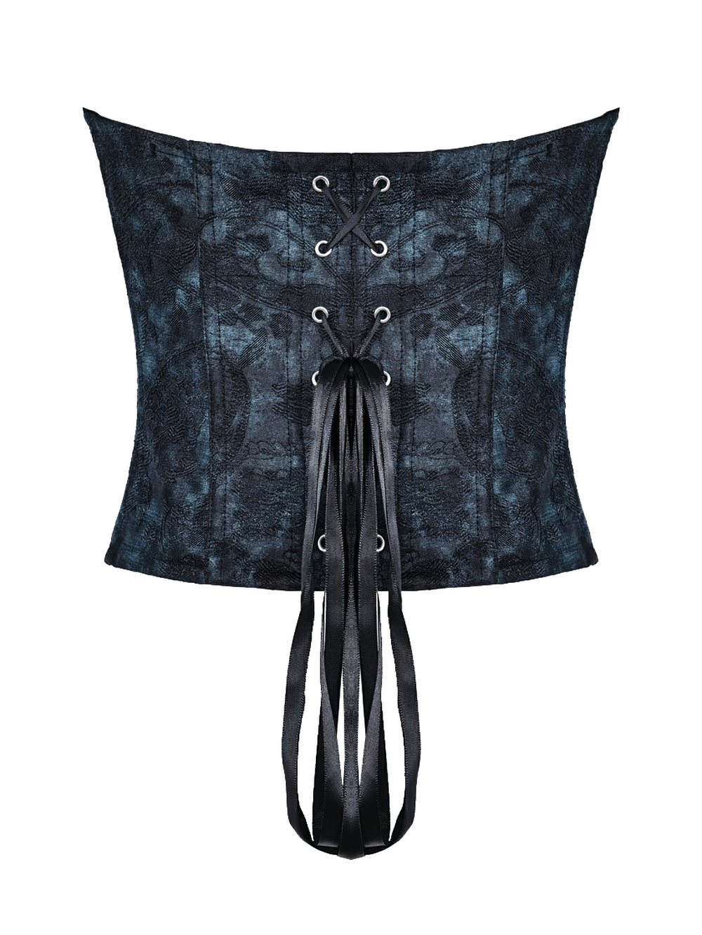 Victorian Overbust Corset with Blue Floral Jacquard showcasing a lace-up back and intricate teal brocade pattern.
