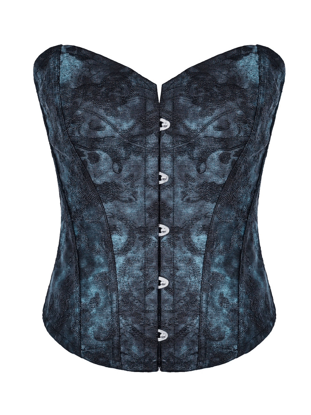 Victorian Overbust Corset with Blue Floral Jacquard showcasing lace-up back and floral brocade pattern.