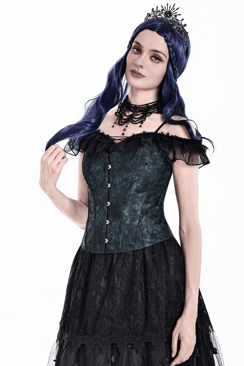 Victorian Overbust Corset with Blue Floral Jacquard worn by a model featuring lace and ruffles in a gothic style.