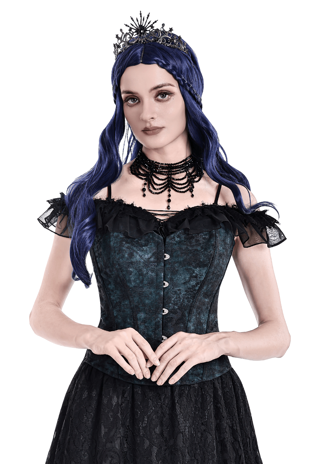 Victorian Overbust Corset with Blue Floral Jacquard worn by model with blue hair and gothic accessories.