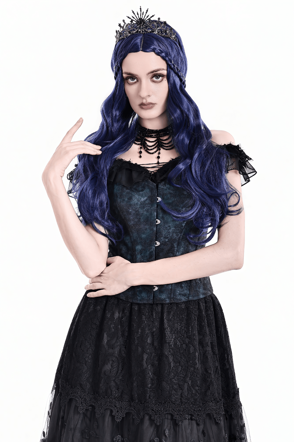 Victorian Overbust Corset with Blue Floral Jacquard worn by model with long blue hair and black lace skirt.