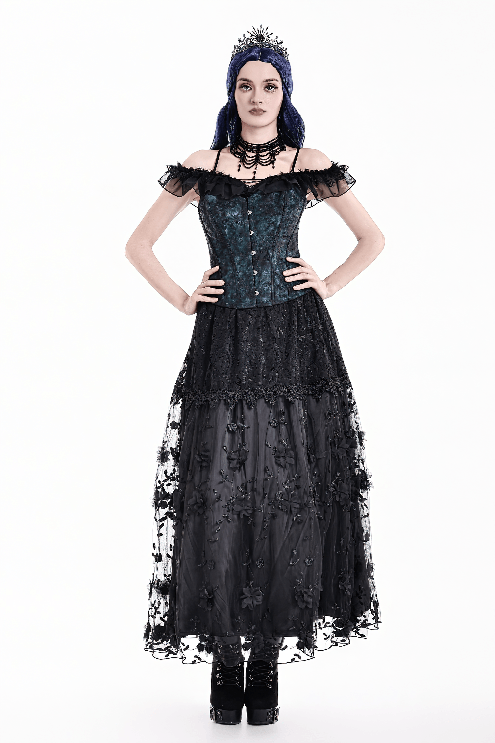 Victorian Overbust Corset with Blue Floral Jacquard worn by model in dramatic gothic attire.