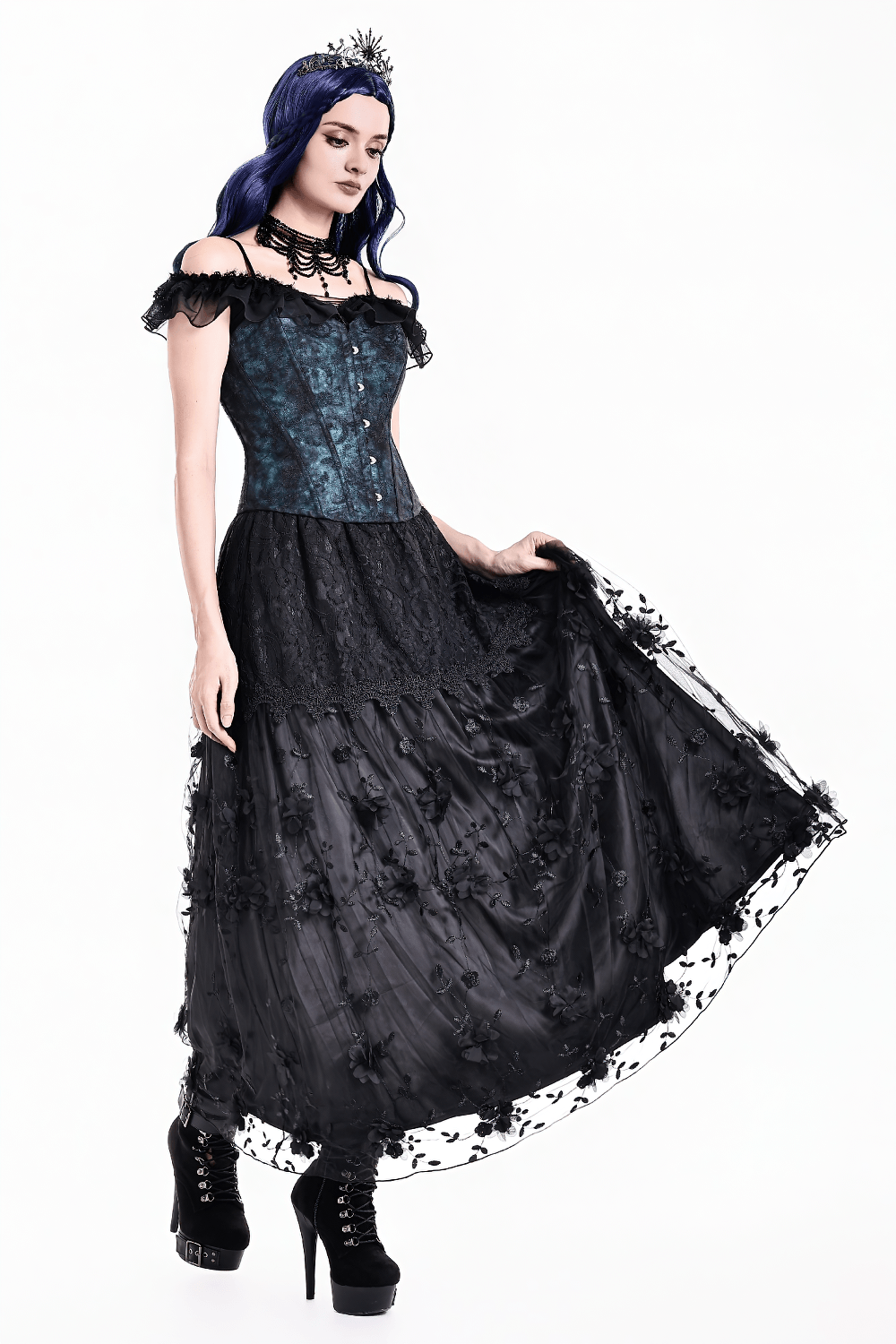 Victorian Overbust Corset with Blue Floral Jacquard paired with a flowing black lace skirt.