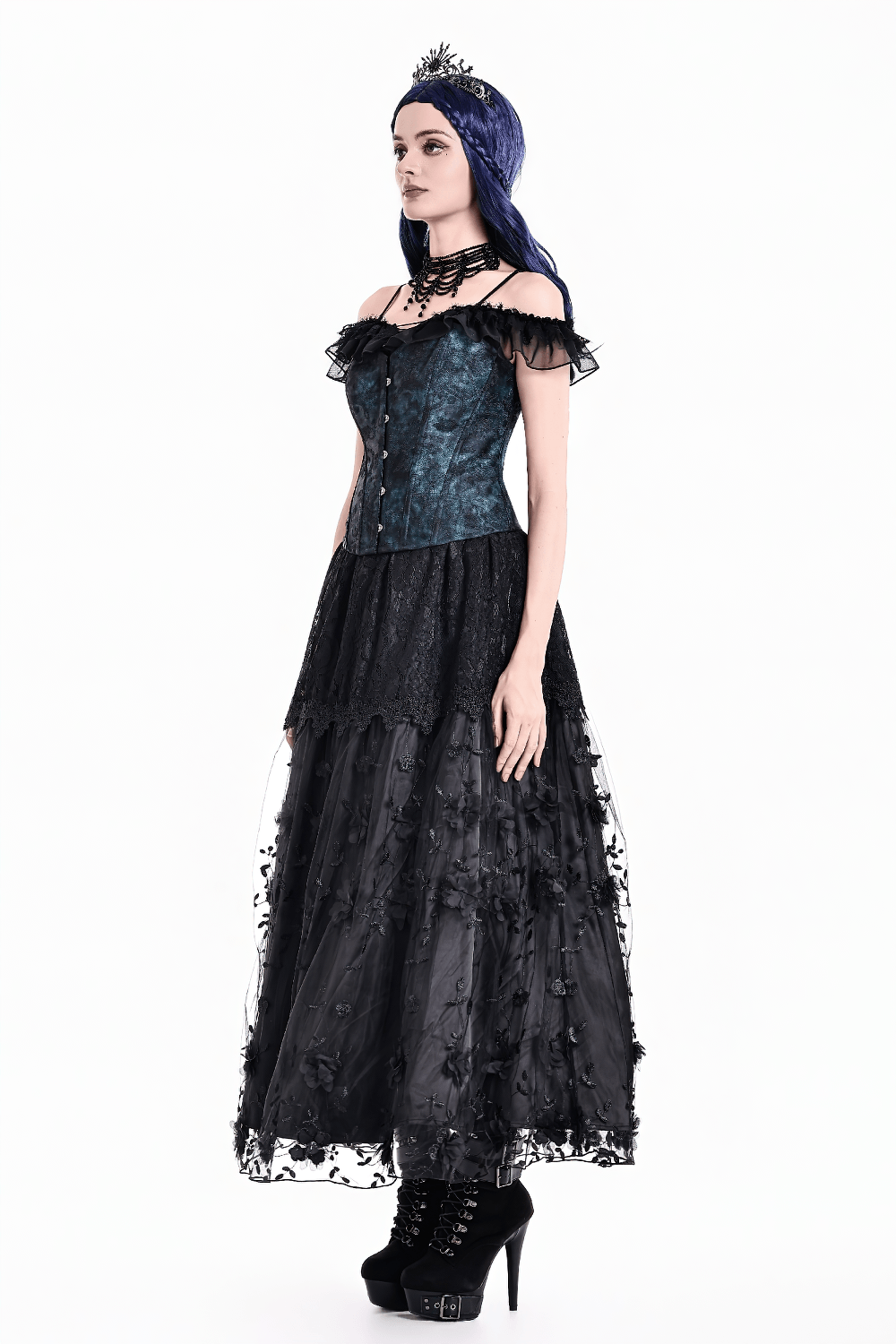 Victorian Overbust Corset with Blue Floral Jacquard worn with a black lace skirt, showcasing a gothic style and dramatic silhouette.