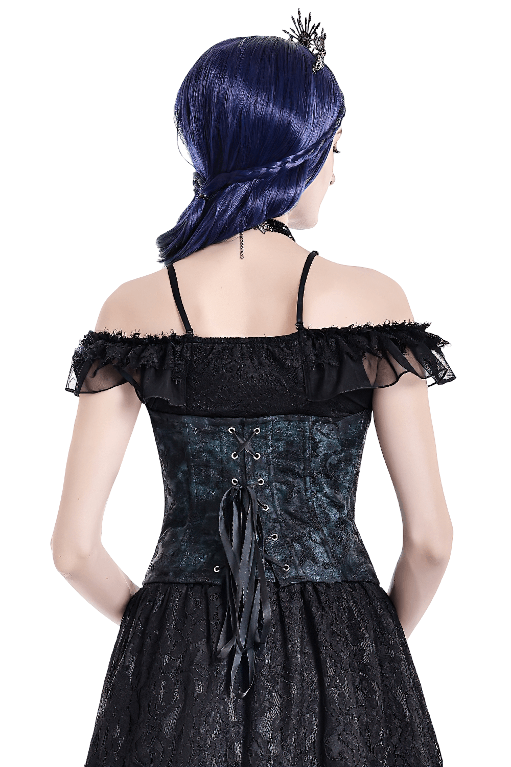 Victorian Overbust Corset with Blue Floral Jacquard showing lace-up back and ruffled sleeves on a gothic dress.