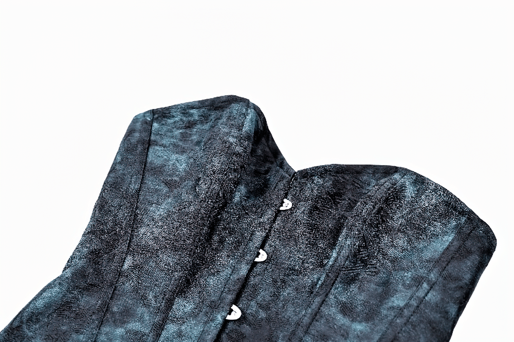 Victorian Overbust Corset with Blue Floral Jacquard featuring a teal and black floral brocade design.