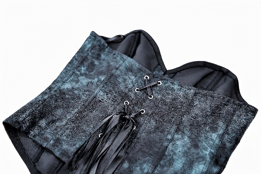 Victorian Overbust Corset with Blue Floral Jacquard featuring teal and black brocade with lace-up back.