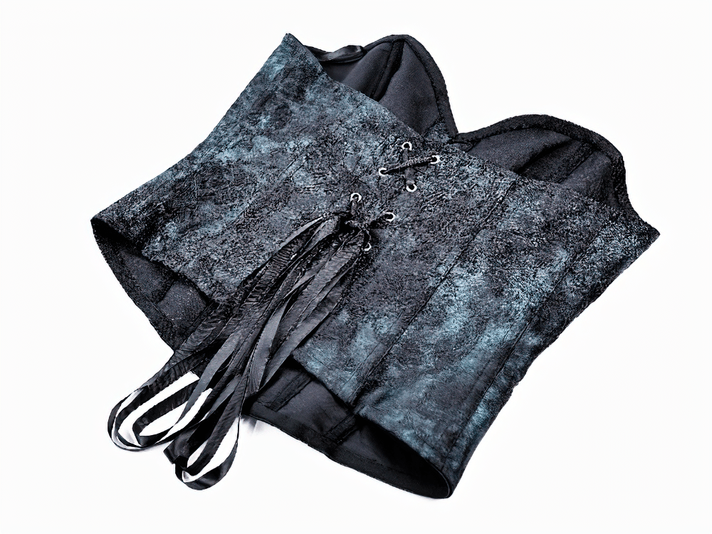 Victorian Overbust Corset with Blue Floral Jacquard, featuring lace-up back and rich teal brocade pattern.