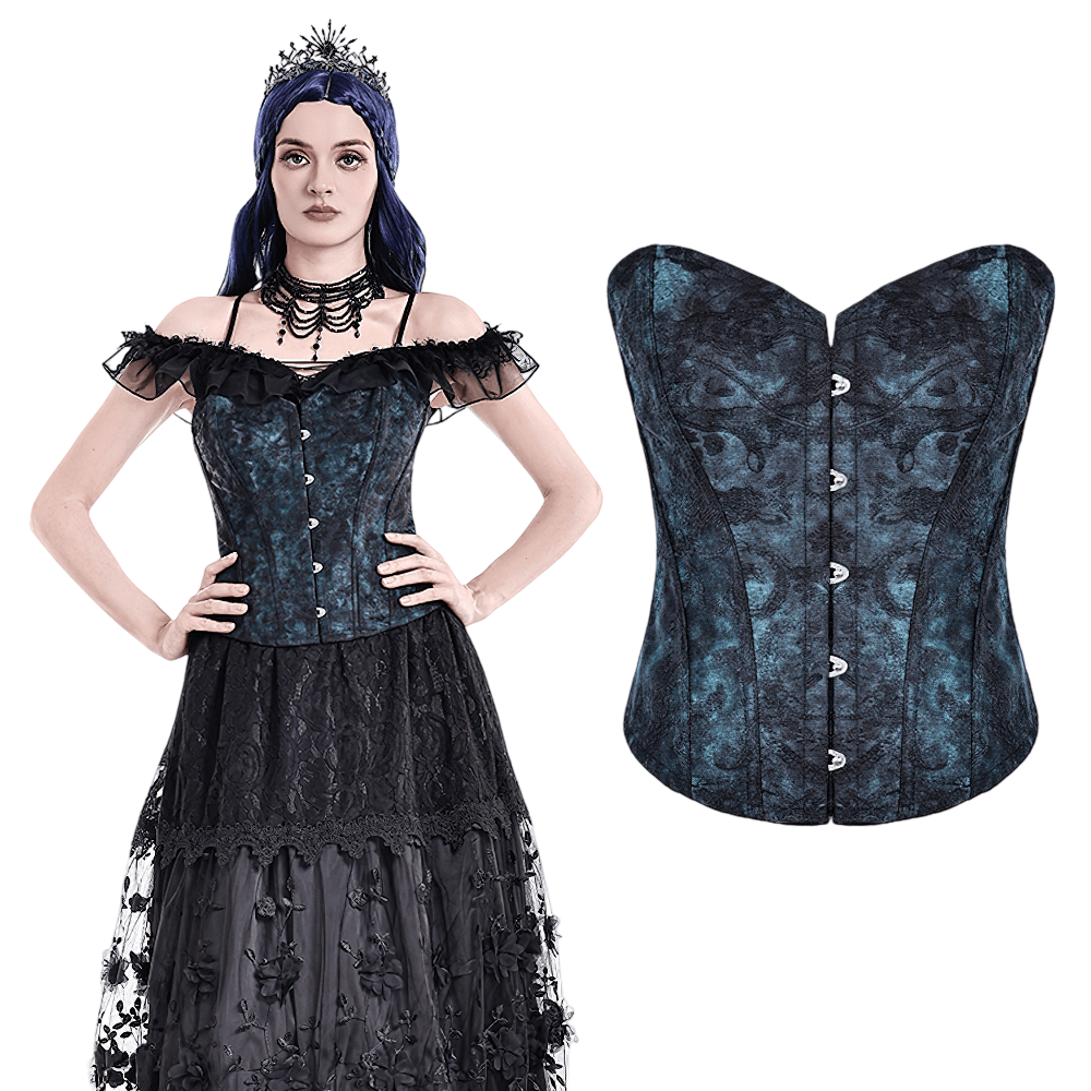 Victorian Overbust Corset with Blue Floral Jacquard displayed on model, featuring lace-up back and top ruffles in black and teal.