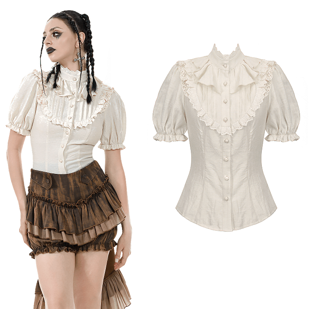 Victorian-inspired puff sleeve blouse with lace ruffles and stand collar, worn by model, showcasing timeless elegance.