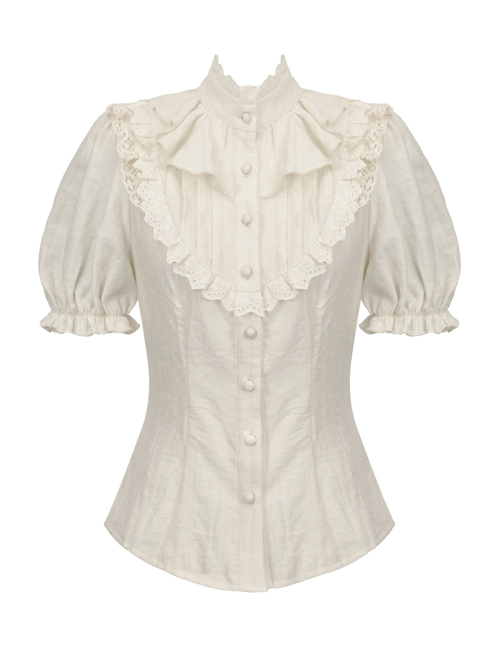 Victorian puff-sleeved blouse featuring lace and ruffle details, vintage-inspired with a stand collar and button-down front.