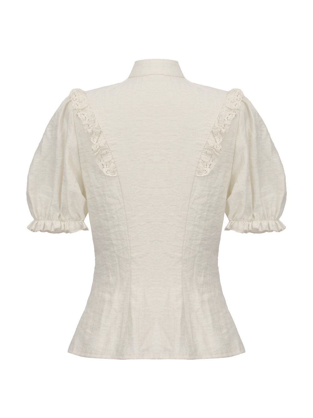 Back view of a Victorian-inspired puff-sleeved blouse with lace trim and ruffle detailing.