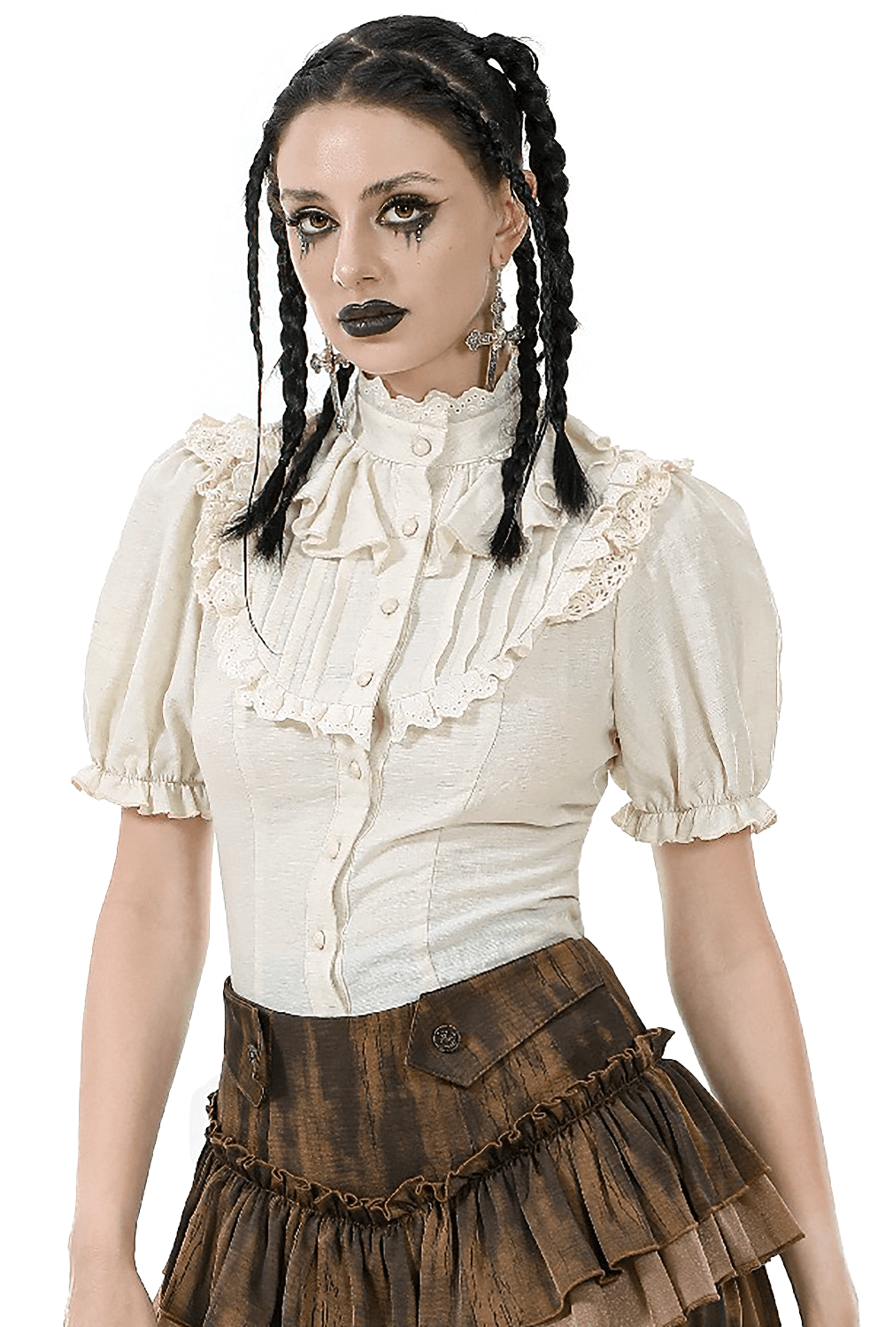 Victorian puff sleeved blouse with lace trim and ruffle details, featuring a stand collar and button-down front.
