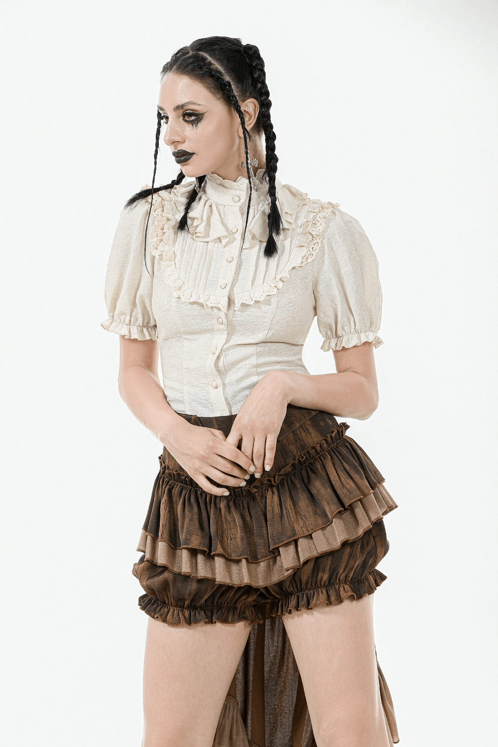 Victorian puff-sleeved blouse with lace and ruffle detail, styled with a layered skirt for a vintage-inspired look.