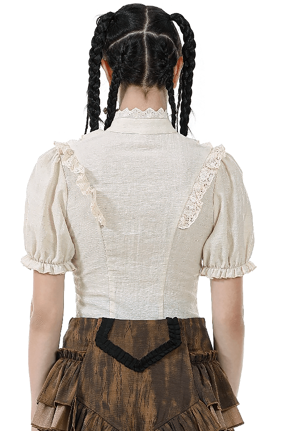 Back view of a Victorian puff sleeved blouse with lace trim and ruffle detail, highlighting its vintage elegance.